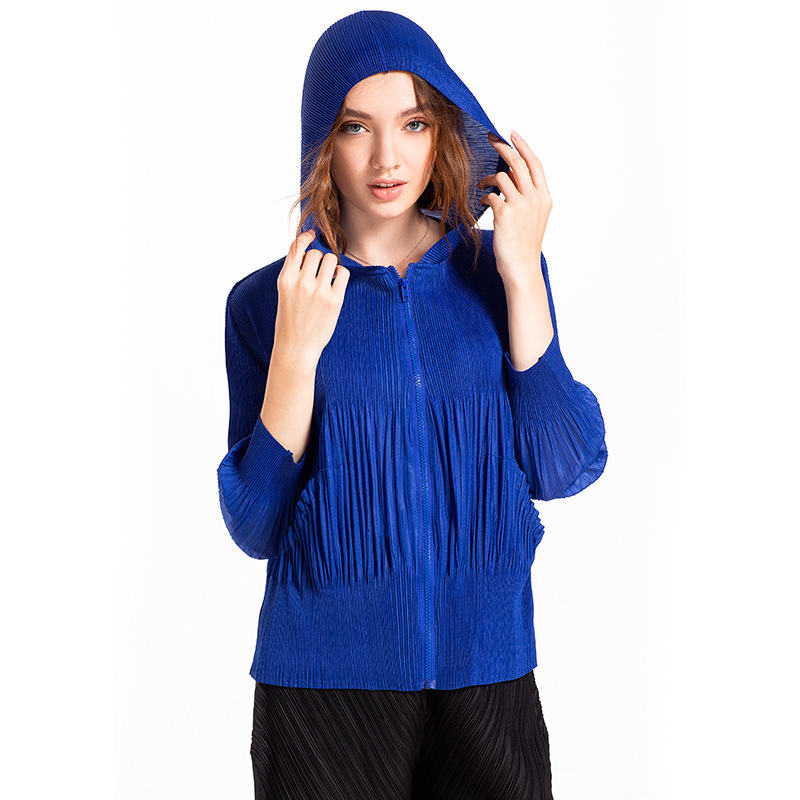 Autumn Women Pleated Fashion New Solid Color Long Sleeved Casual Loose Free Size Zipper Jacket Coat