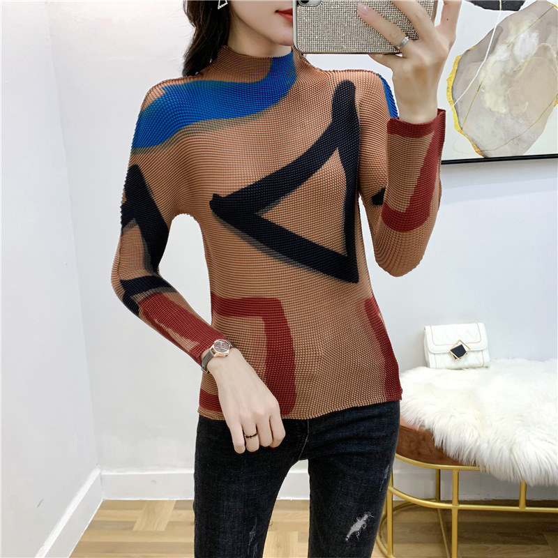 Spring Autumn New Style Pleated Printing Long Sleeve T-shirt High Collar Women's Versatile Fashion Tops