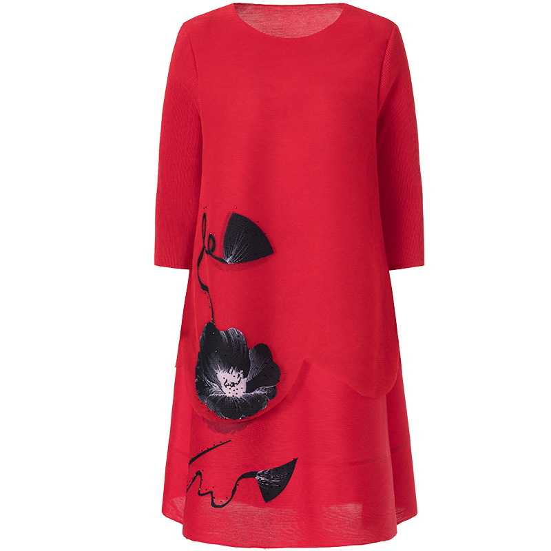 Red Embroidery Nail Beads Pleated Dress 2020 Spring New Women's Loose Dress