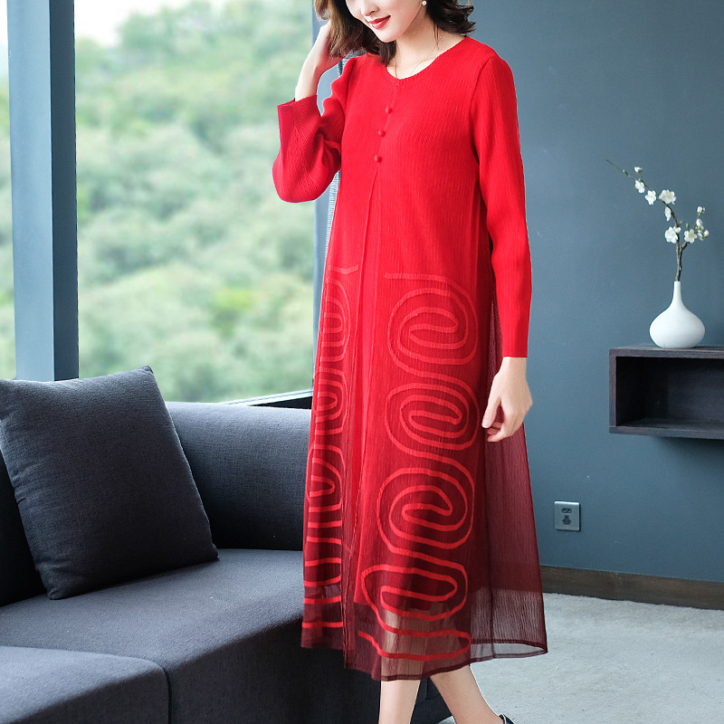 Women Fashion Fake Two Pieces Embroidery Dress Autumn 2019 Mesh Splicing Loose Large Dress