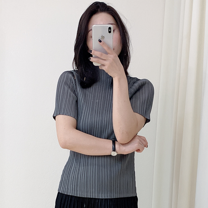 Women Wrinkled Short Sleeve High Collar Pleat Basic Style Tops Shirts