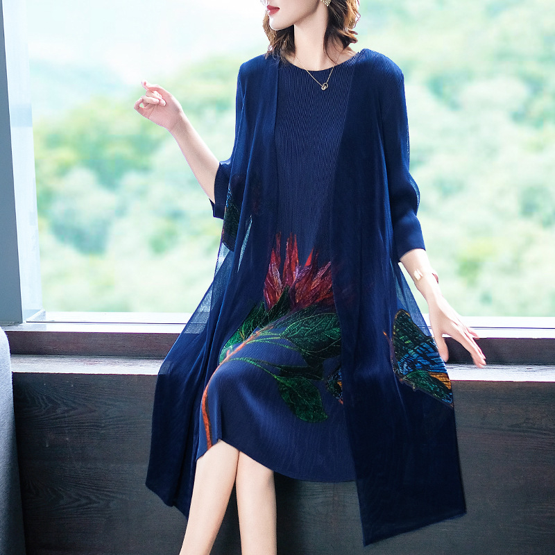 Fake Two Piece Pleated Print Dress New Women's Loose Large A-line Dress In Autumn 2019