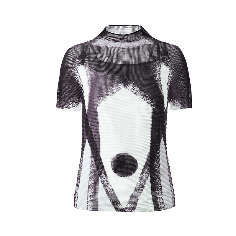 Large Size Westernized Top New Women's Slim Summer Fashion Print Pleated T-shirt