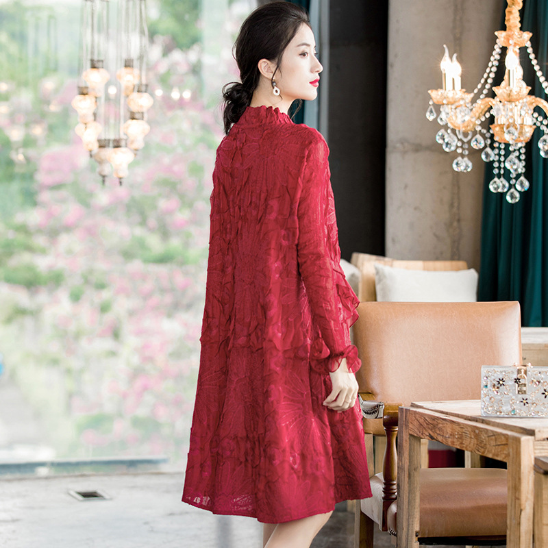 Women Embroidered Pleated Dress New Long Sleeve Loose Large A-line Dress Trend In Spring 2020