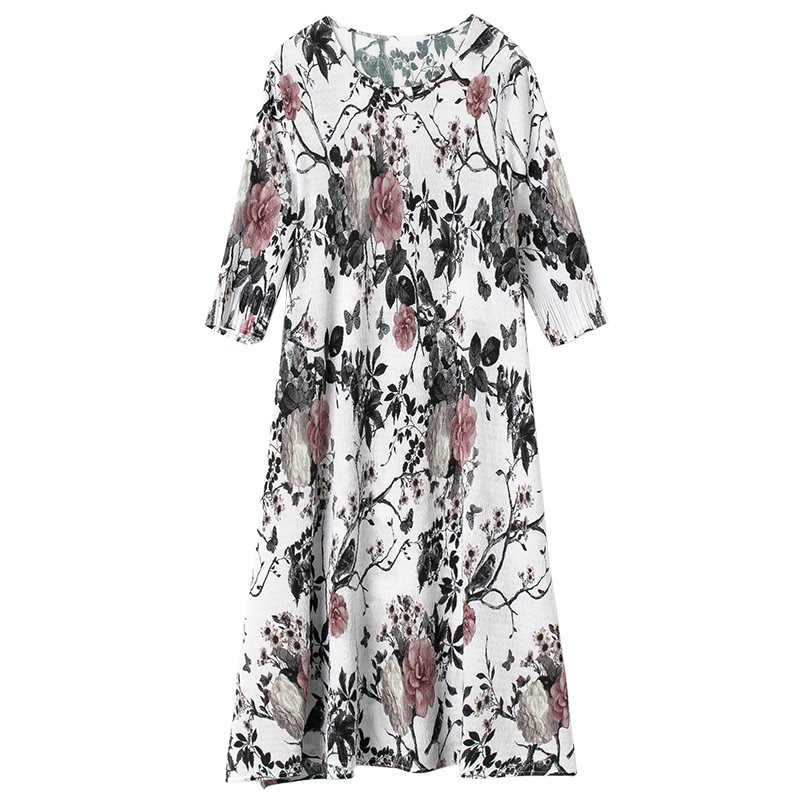 Women Retro Big Size Pleated Dresses Spring Female Printed Loose Dresses