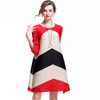 New Arrival Women Pleated Office Lady Loose Striped Three Quarter Sleeves None Knee-length O-neck Autumn Dresses