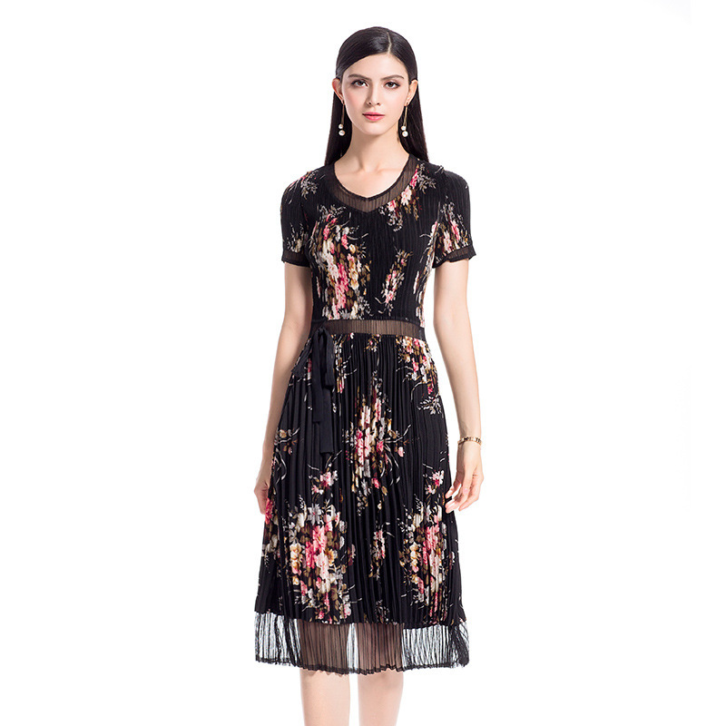 Women Pleated Dress Chiffon Print Dress Fashionable Dress