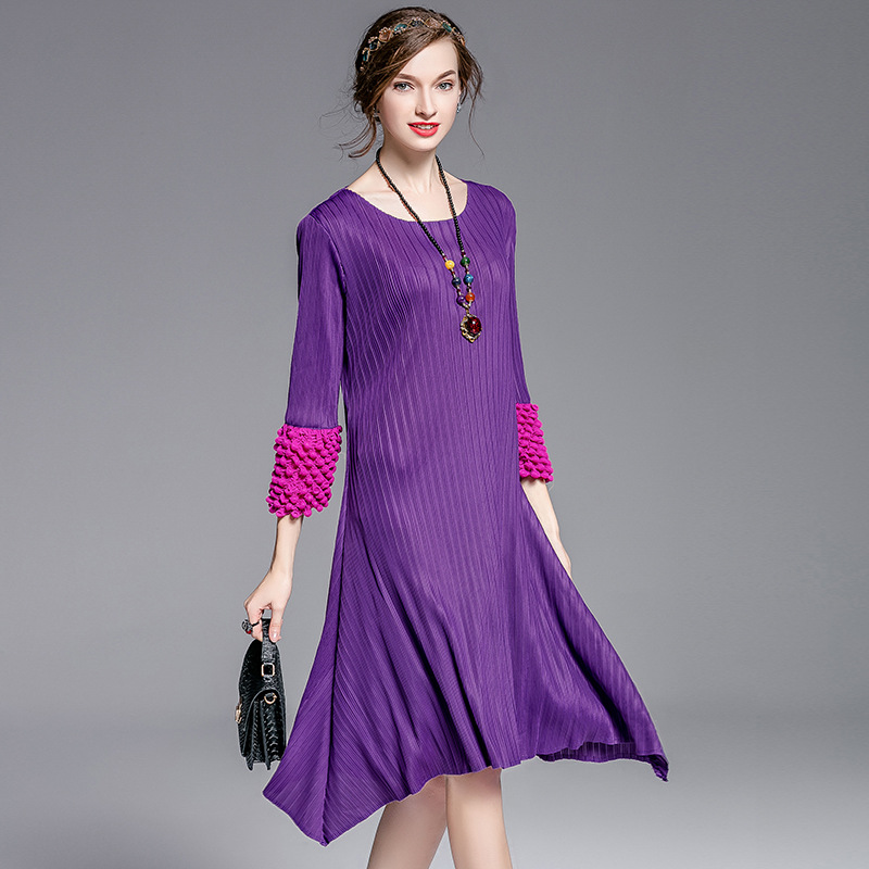 Bubble Sleeve New 2017 Fall Pleated Dress Collar Round Neck Seven Minute Sleeve Fold Dress Wholesale