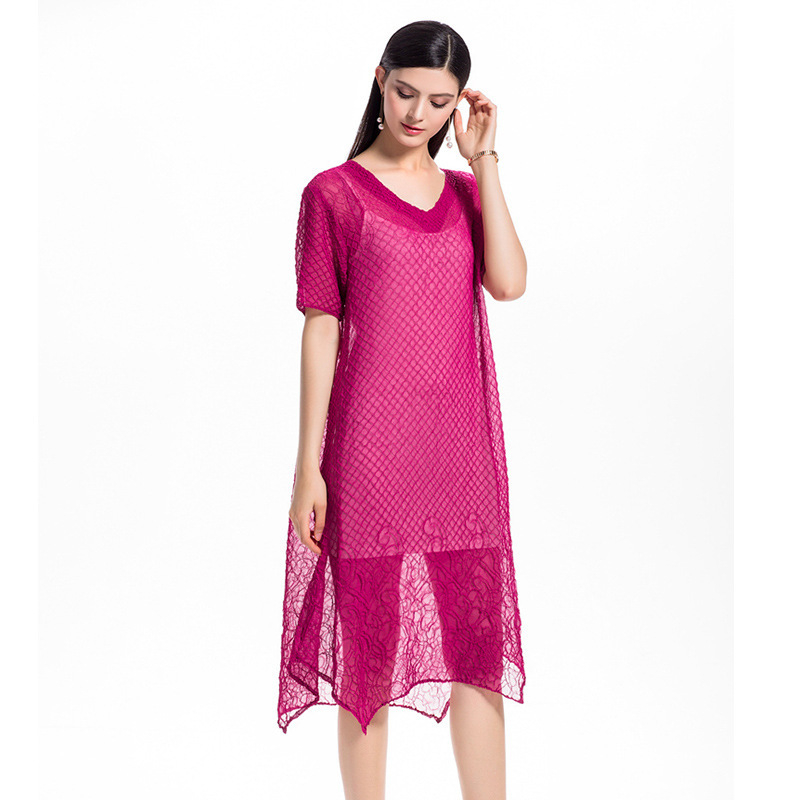 Summer Chiffon Dress V Neck Sloid Color Two Piece 2018 Pleated Dress