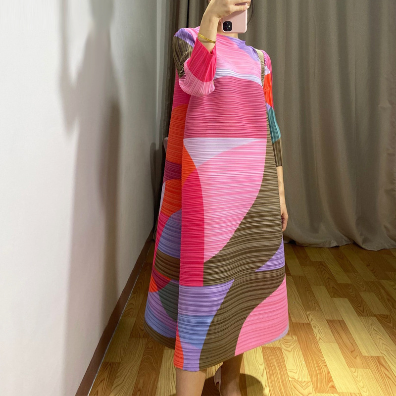 Spring 2020 New Stand Collar Printed Loose Large Fashionable Pleated Dress