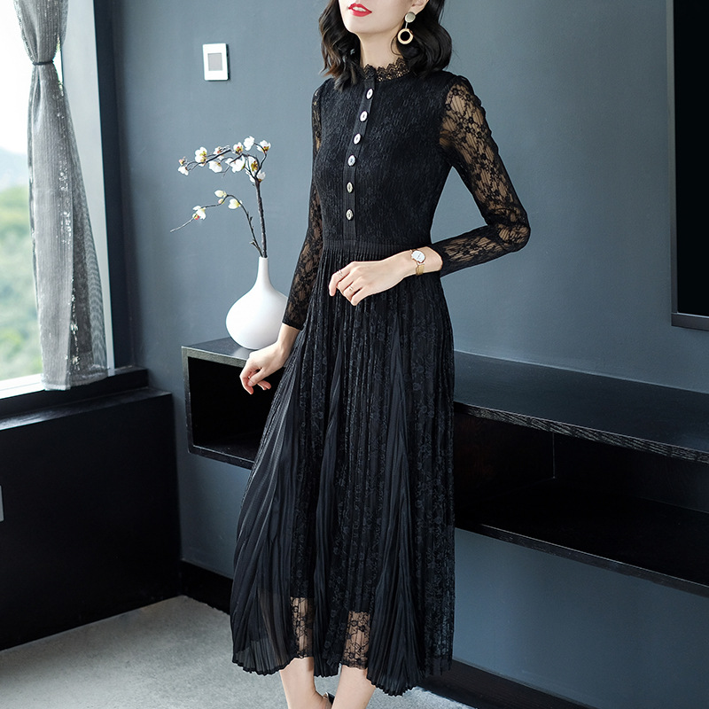 Women Lace Pleated Lady Elegant High Quality One Piece Long Slim Dress