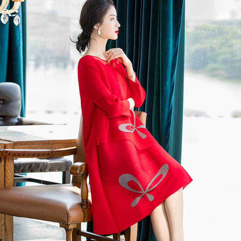 Women Fake Two Piece Large Pleated Dress 2020 Spring New Beaded Embroidered Dress