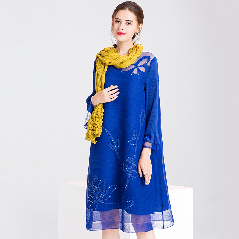 Spring Women Fashion New Tidal Pleated Female Mesh Popular Loose Lady One Piece Dress