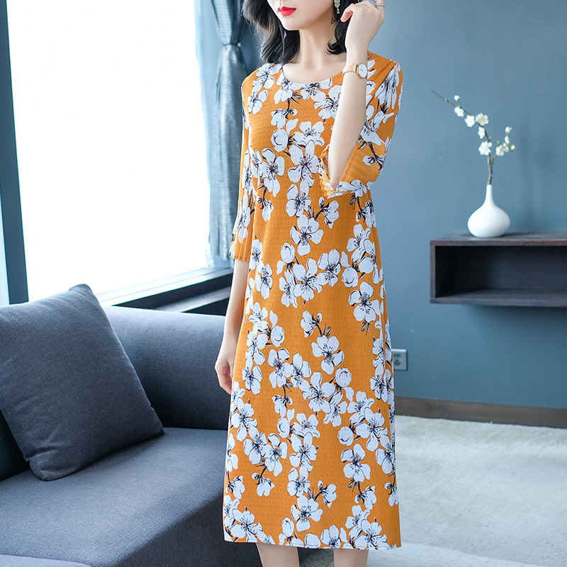 French Vintage Print Dress Pleats Lady Elegant Big Size Fashion Tidal Dress