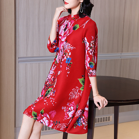 Chinese Style Printed Dress Spring 2021 New Women's Loose Plus Size Age Reducing Pleated Dress