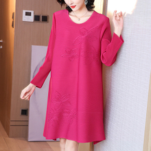 High End Pleated Embroidery Mother's Long Sleeve Dress Spring 2021 New Women's Loose Plus Size Dress