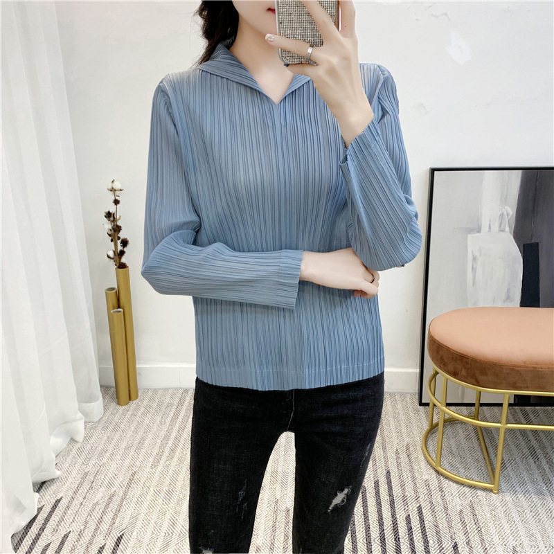 Women Spring 2020 New Pleated T-shirt Long Sleeves Hooded Tops