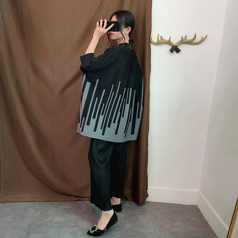 Autumn Winter Women Pleated Tops Pullover Bat Sleeve Tidal Popular Print Shirts