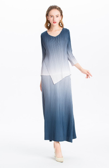 Women Pleated Dress Gradient Colour Spring Autumn Long Sleeve Irregular Tops Elegant Leisure Dress Clothing Sets