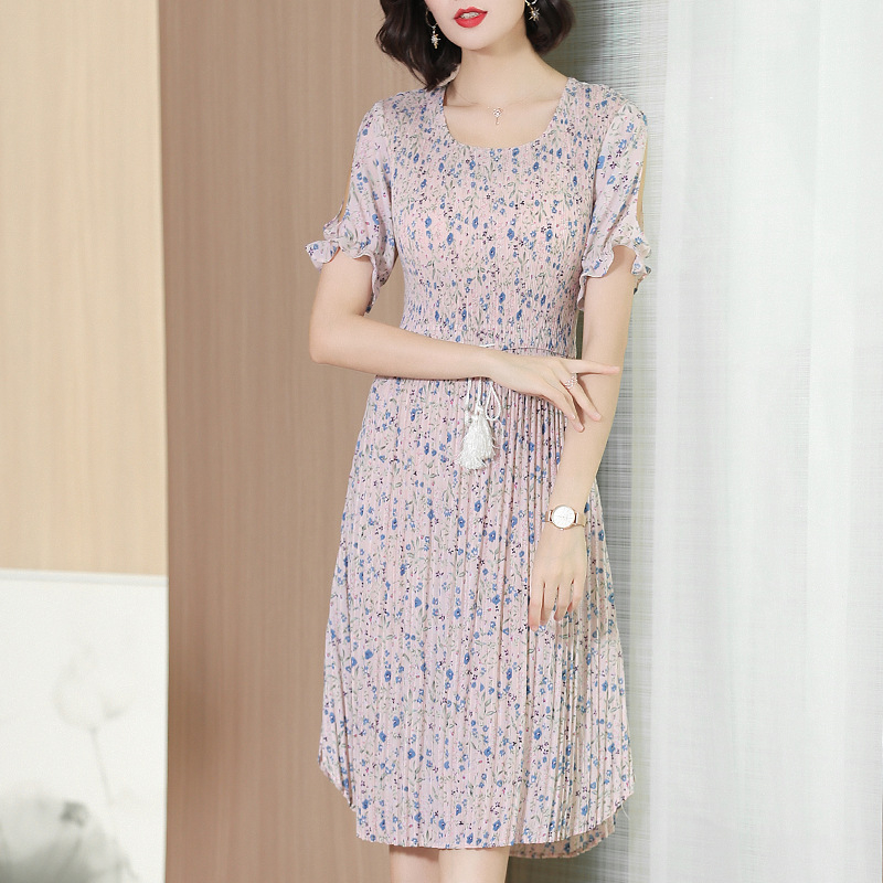 Slim Print Dress Summer New Women's Wear Big Size Pleated Korean Version Tidal Dresses