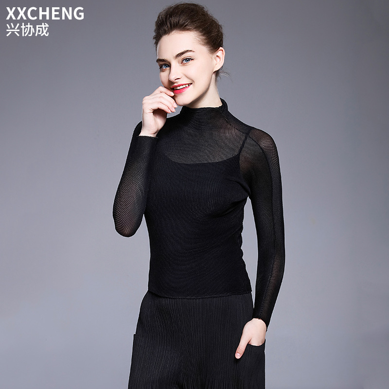 Long Sleeve T-shirt Women's Spring Summer Perspective Sexy Base Shirts High Collar Pleated Top