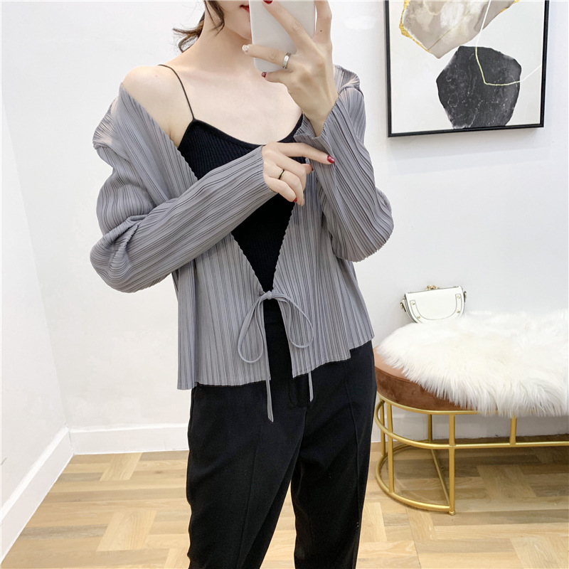 Autumn Pleated Cardigan Tie Jacket Top Long Sleeve Coat