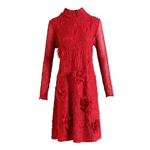 Red French Dress Female High-end Temperament Plus Size A-line Long Sleeve Pleated Dress
