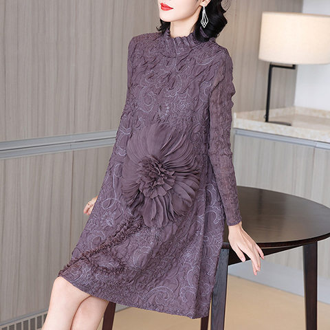 Autumn And Winter High-end Temperament Long Sleeve Plus Size Ruffle A-line Embroidery Pleated Dress