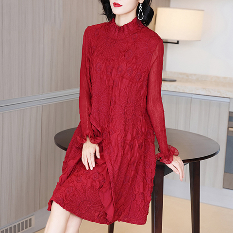 Long Sleeve Red Dress Autumn Winter 2020 New Women's Loose Pleated Dress