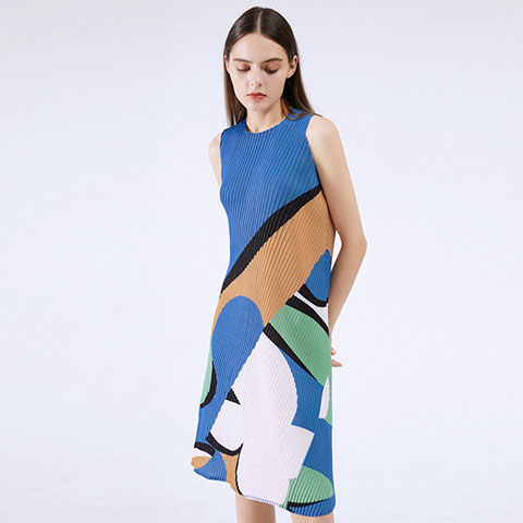 Geometric Print Dress Summer 2021 New Femininity High End Round Neck Sleeveless Casual Pleated Dress