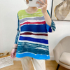 Pleated Printed T-shirt 2021 Summer New Striped Round Neck 3 / 4 Sleeve Top Western Style Loose Base T-shirt