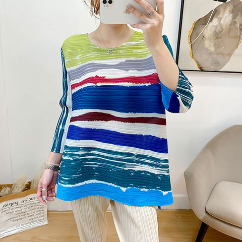 Pleated Printed T-shirt 2021 Summer New Striped Round Neck 3 / 4 Sleeve Top Western Style Loose Base T-shirt