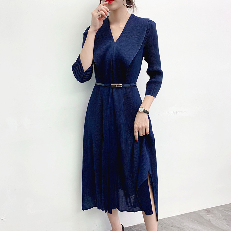 Women Pleated Dress Large Autumn High End Belly Covering Long Dress