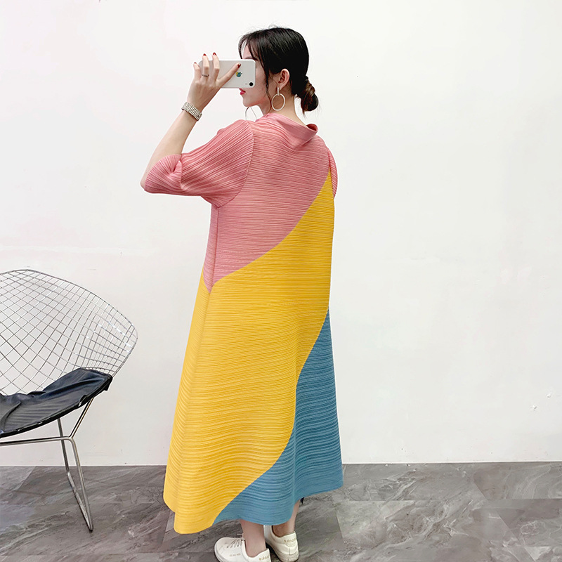 Pleated Dress Spring Summer 2020 New Color Block Pleated Long Loose Large Size Dress