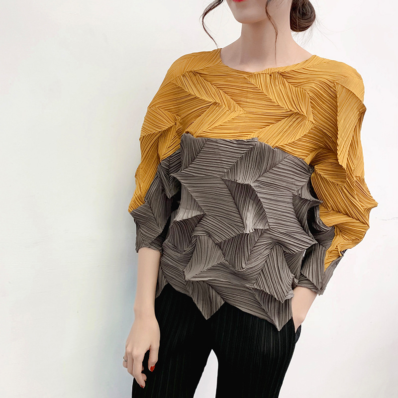 Diamond Pleated Top Spring 2020 New Style Pleated Color Matching T-shirt Large Foreign Style Bottoming Shirt