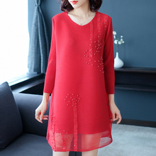 Women Pleated Autumn Loose Large Size Beads Long Fashion Lady Elegant One Piece Dress