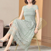 Lace Stitched Dress Summer New Women's Wear Round Collar Short Sleeve Pleated Tidal Dresses