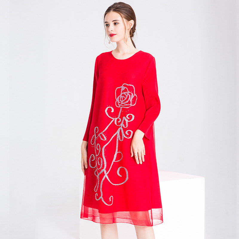 Autumn Women Pleated Lady Floral Loose Embroidery O-neck Dresses