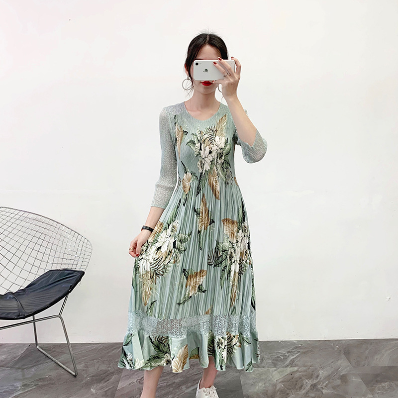 Pleated 2019 New French Style Printed Women Pleated Dress