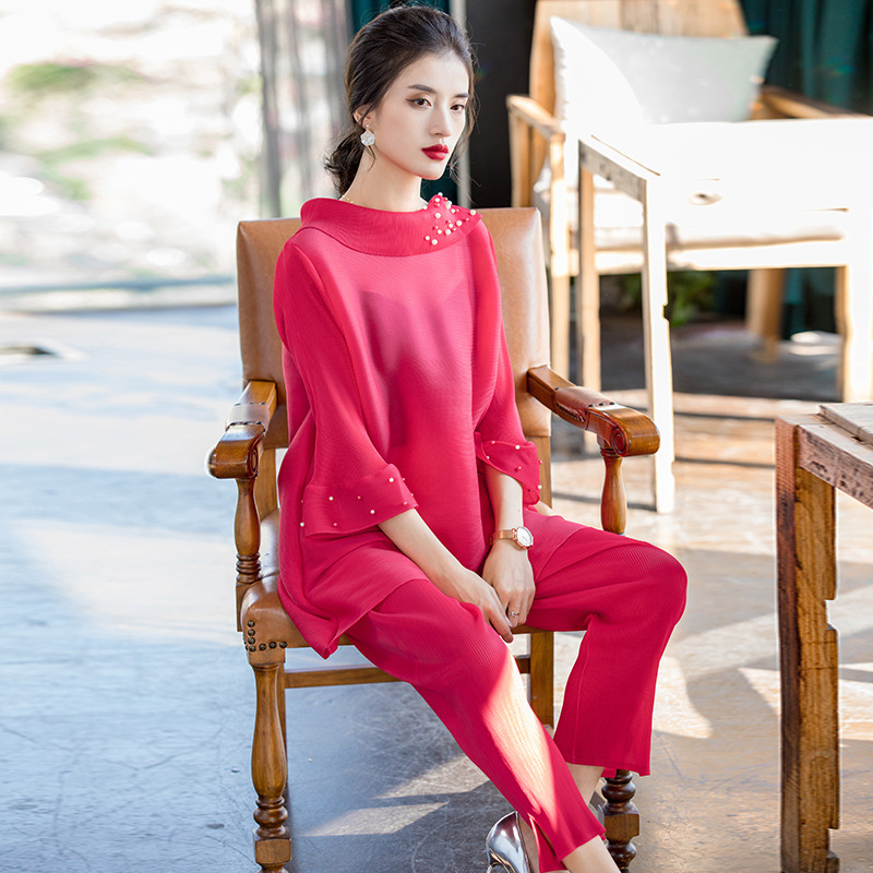 Women Fashion Casual Large Shirts Pleated Suit New Large Pants Tops Two Piece Clothing Sets In Early Spring 2020