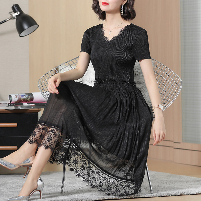 Women Pleated Tidal Lace Dress New Summer Lady Elegant Dress