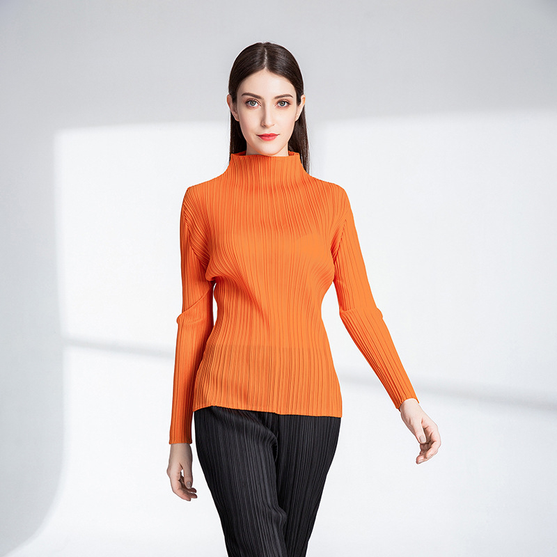 Autumn Women Pleated Pure Color Elastic High Collar Pullover Long Sleeves Shirts