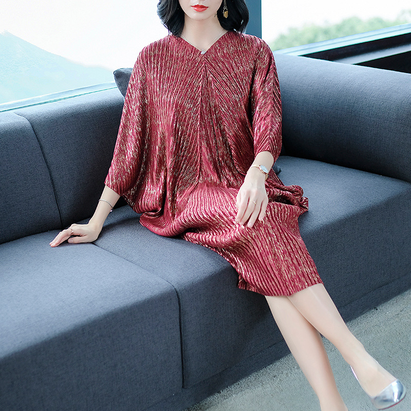 Women Pleated Print Fashion New Solid Color Loose Big Size Lady High Quality One Piece Dress