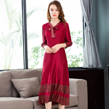 2018 New Arrival Women Pleated Office Lady Elegant A-line Solid Three Quarter Sleeves Bow Mid-calf Autumn Dresses