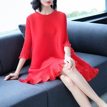 Women Pleated Fashion New Solid Color Lady Loose Big Size Casual Popular One Piece Dress