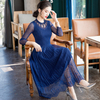 Red Slim Large Lace Dress 2020 Spring New Mesh Patchwork Pleated Dress
