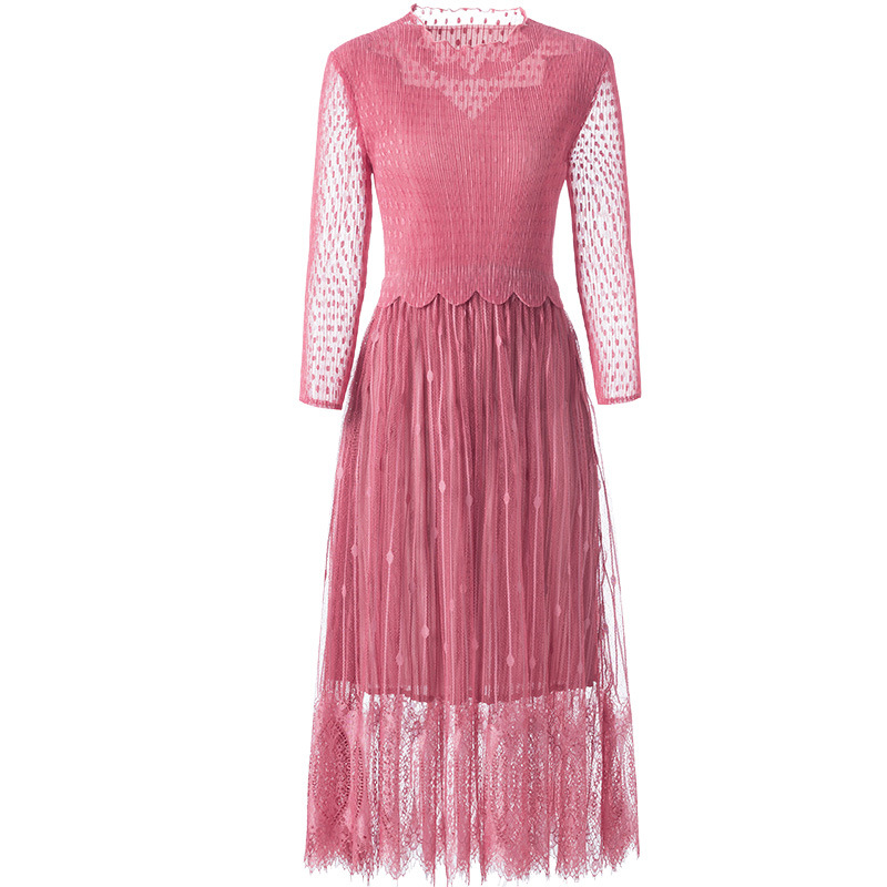Spring 2020 Fashion New Lace Large Dress New Women's Slim Pleated Dress
