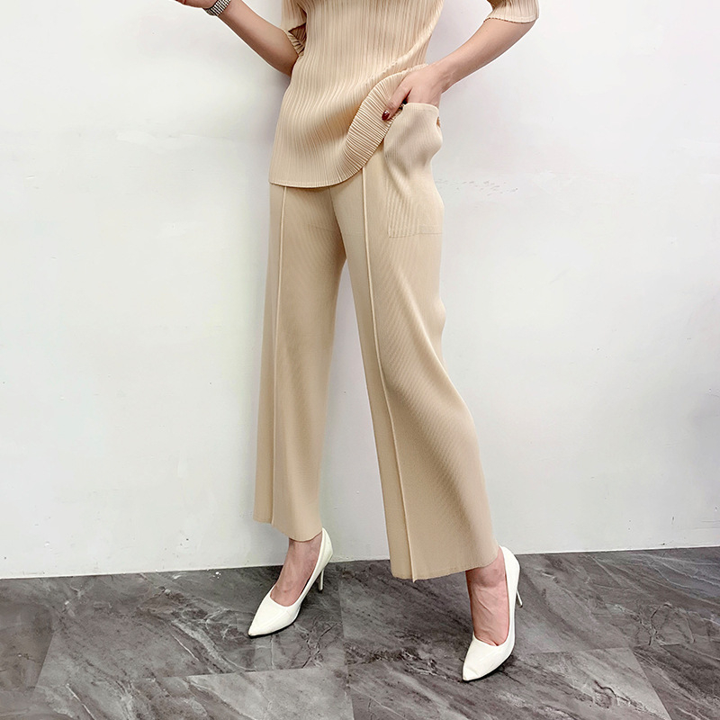Spring Summer 2020 Women Pleated Straight Pants New High Waist Wide Leg Casual Trousers