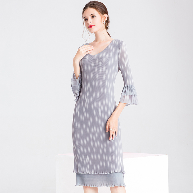 Spring Women Pleated Print Lady Elegant High End Fashion New Dress