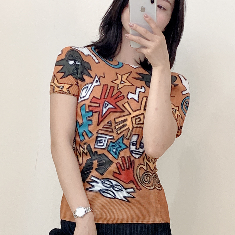 Summer Women Pleated Print Tops Casual Loose Big Size Elastic Casual Shirts